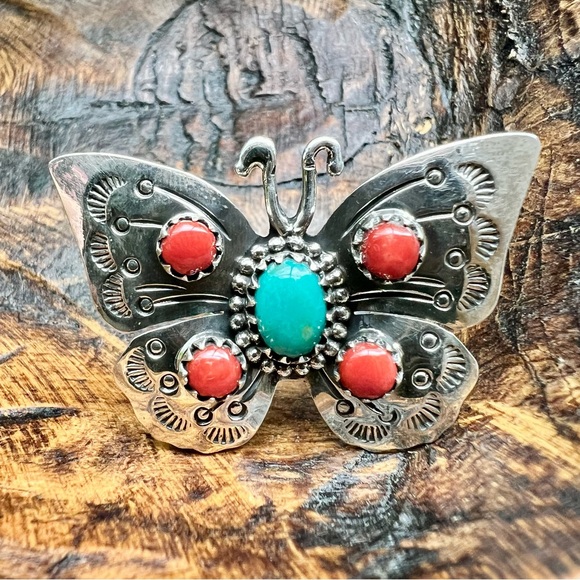 925 Sterling Silver Turquoise & Red Coral Butterfly Statement Ring Size 9+